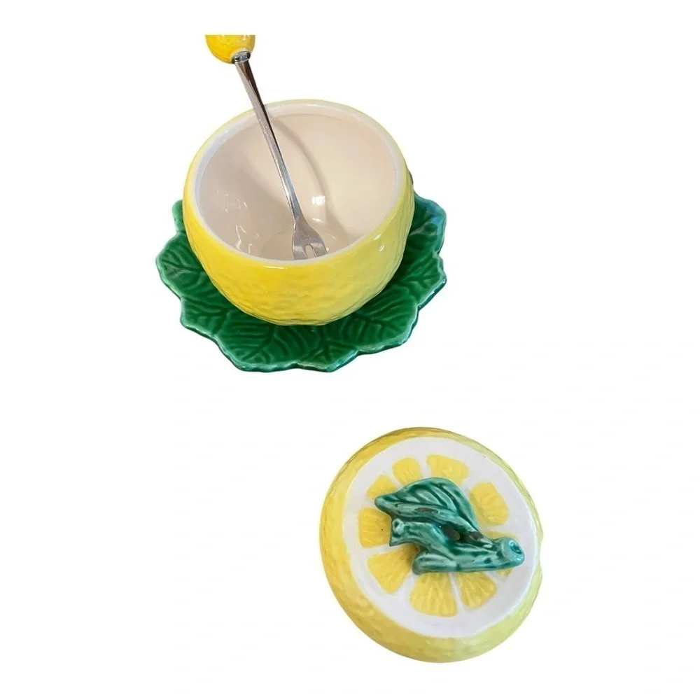 Lemon Pot, Vintage, Yellow & Green, Lemon Lid w/Fork, Realistic